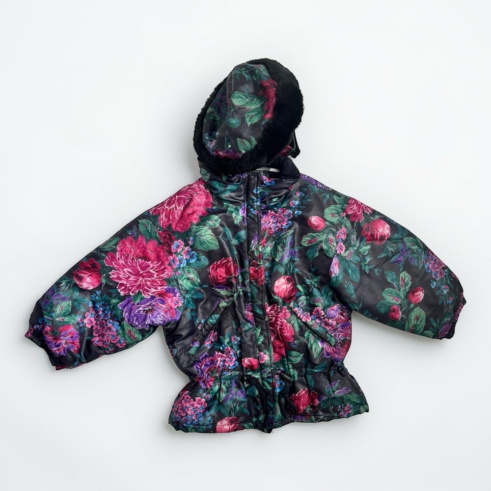 Vintage 90s Floral Ski Jacket Girls Size 6 Winter Coat